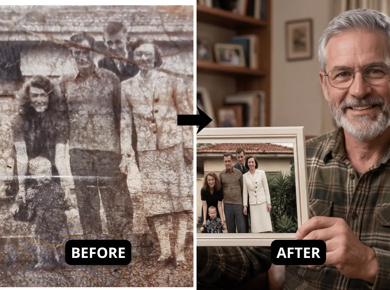 Family group photo restored — customer holding colorized result