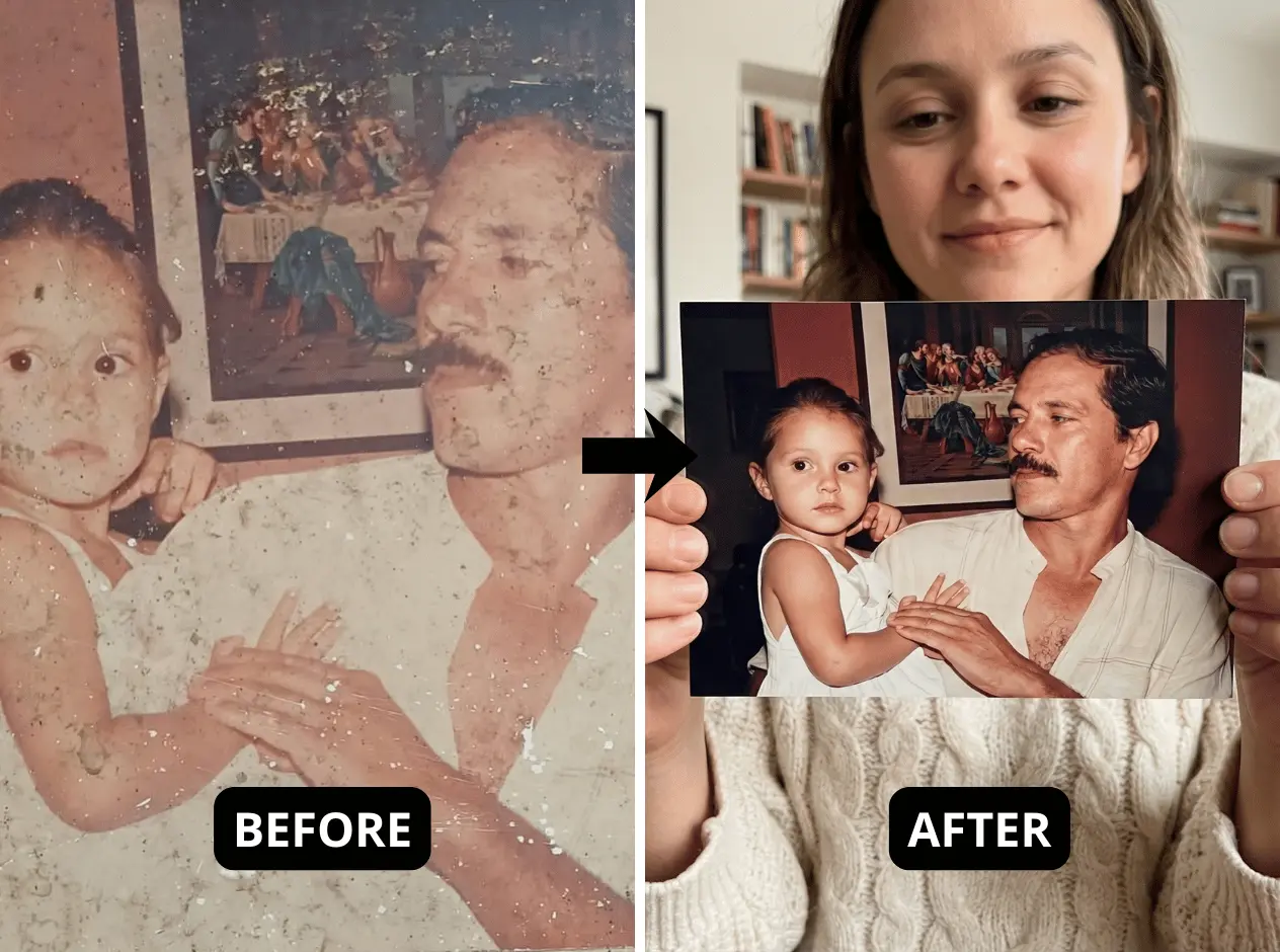 Father and daughter photo restored — daughter holding result