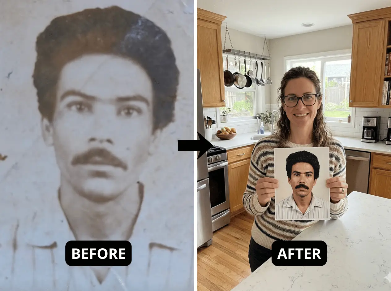 Vintage portrait restored — customer holding restored result in kitchen