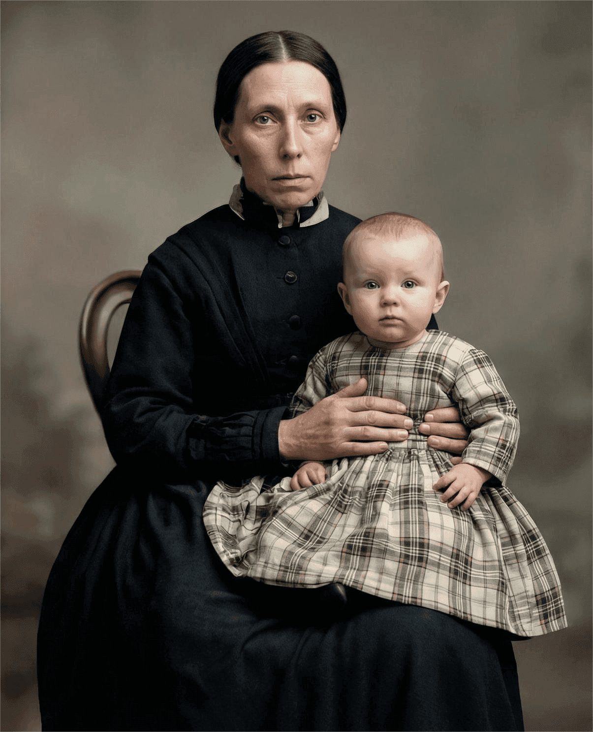 Restored and colorized portrait of mother and baby