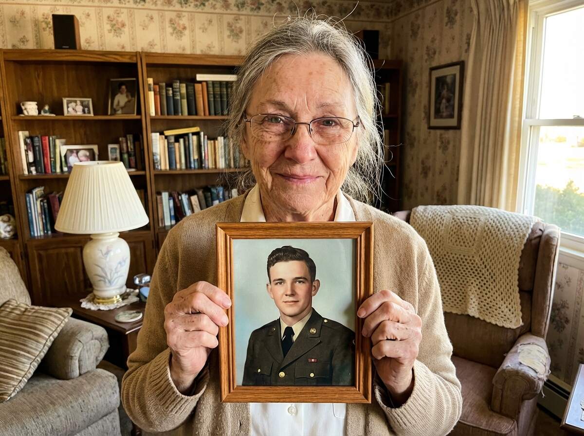 Elderly woman holding restored military portrait in her living room