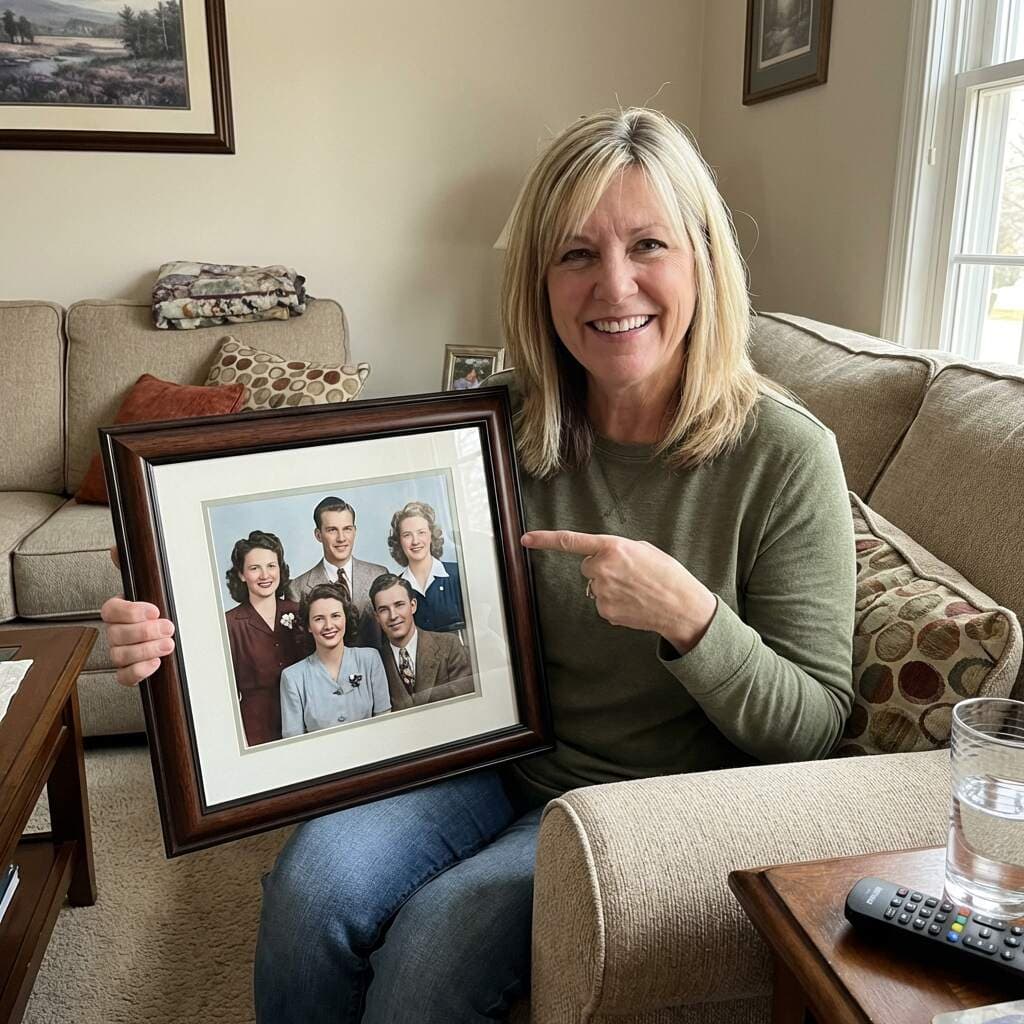 Woman pointing at restored family photo on sofa