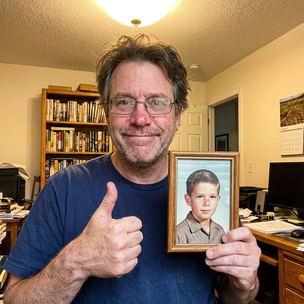 Happy customer giving thumbs up holding restored childhood portrait