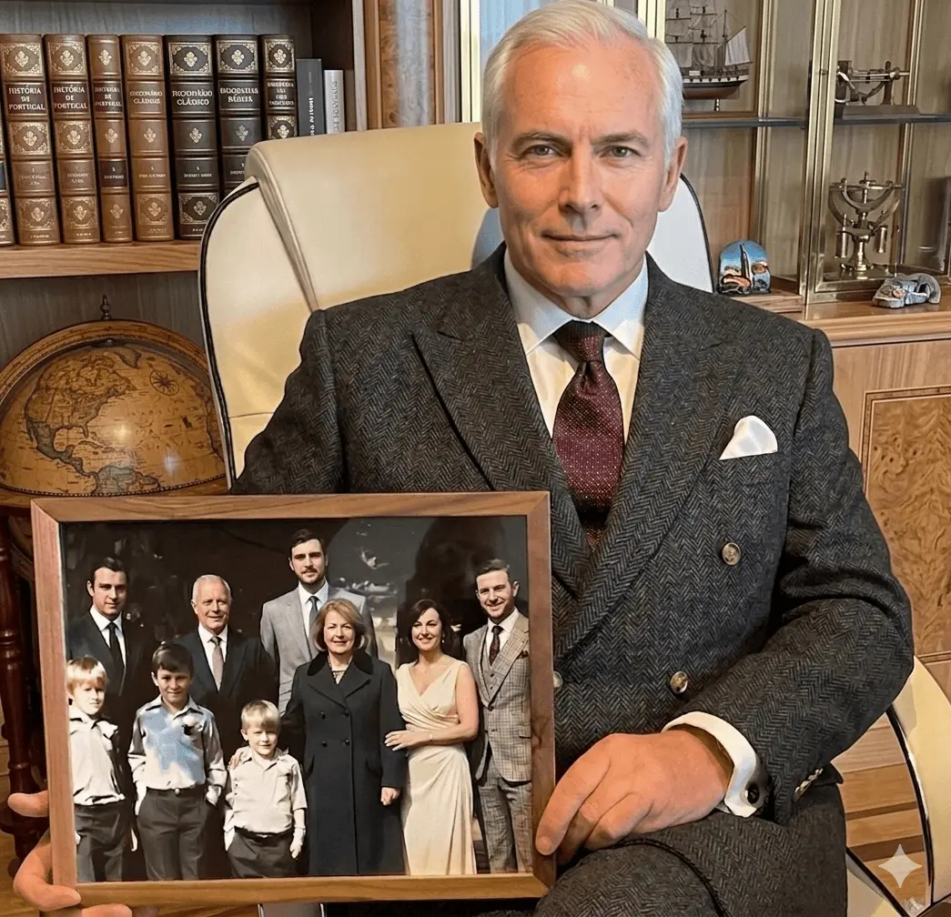 Distinguished gentleman holding restored family portrait